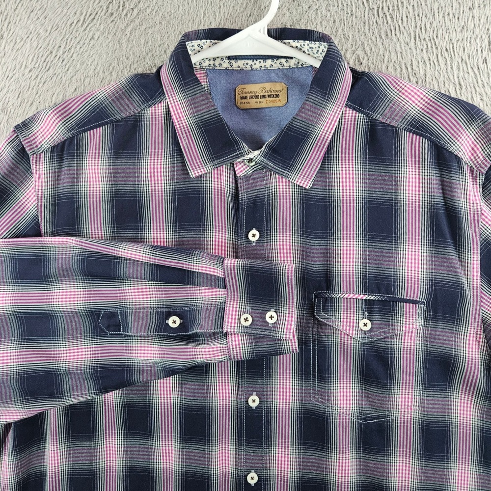 Tommy Bahama Jeans Mens Large Plaid Button Down Shirt Blue Pink Tencel Blend